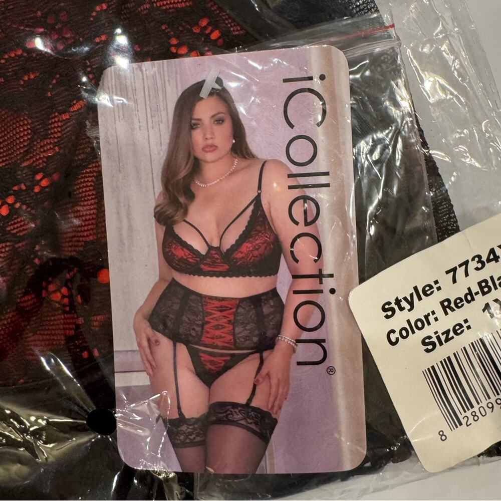 iCollection Cassie ЗPC Bar Set Elegant Lace Lingerie Set Black/Red Size 1X
